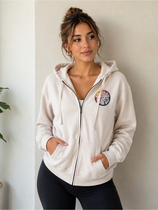 Hurley Tops - Hurley Cream Zip-Up Hoodie bwith Surf Patch